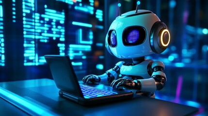 Wall Mural - a cute robot works on a laptop in a futuristic server room.