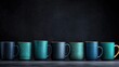 © Mrammon - A row of blue coffee mugs with a black background