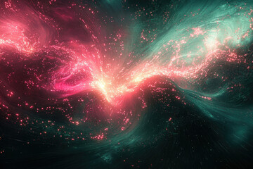 Poster - A vibrant abstract rendering features swirling energy fields with pink and teal colors, resembling cosmic dust and light streams.
