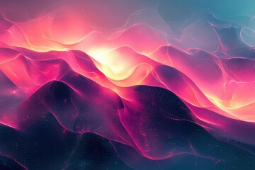 Poster - Abstract flowing shapes of pink, purple and golden light create an ethereal and dreamy landscape with glowing particles.