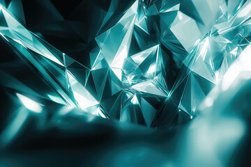 Poster - Abstract teal crystal structure. Sharp geometric shapes, light reflecting and refracting. Futuristic, modern, and elegant background for technology or design purposes.