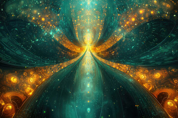 Poster - A mesmerizing, symmetrical abstract artwork featuring flowing lines, geometric patterns, and a captivating color palette of teal, gold, and shimmering light.