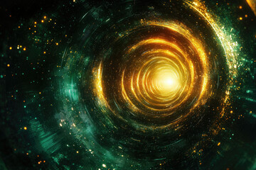 Poster - A swirling vortex of golden light emerges from a green, digital tunnel, hinting at technological marvels and cosmic journeys.