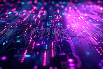 Poster - Abstract digital circuit board with vibrant pink and blue neon lights illuminating the pathways and components.