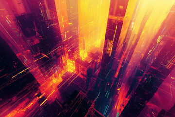 Poster - Abstract perspective of a modern cityscape with glowing orange and red hues, emphasizing architectural lines and geometric forms.