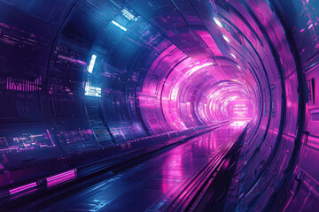Poster - Futuristic tunnel illuminated with neon purple and blue lights, creating a mesmerizing sci-fi ambiance and depth.
