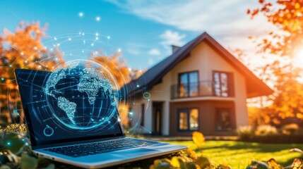 Wall Mural - laptop displaying a digital world map, sits on grass in front of a house.