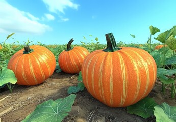 ripe orange pumpkins in a field under a clear sky
