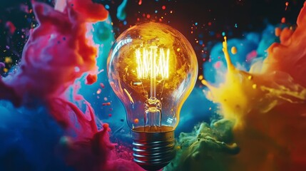 Wall Mural - glowing lightbulb amidst vibrant paint splashes; creativity concept.