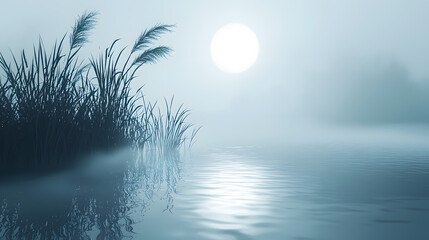 Wall Mural - Tranquil Moonlight Reflections: A serene lakescape bathed in soft, ethereal moonlight. The misty air creates a sense of mystery and tranquility as tall grasses sway gently in the breeze.