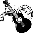 © Kanyarat - Classic acoustic guitar illustration, SVG vector with clean lines, music-themed. Black Acoustic Guitar with Musical Notes in Motion Design
