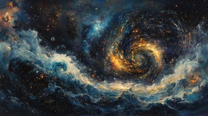 Wall Mural - Cosmic seascape, swirling galaxy amidst turbulent clouds