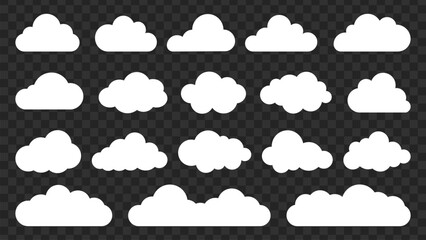 Wall Mural - set of white cloud icons on a transparent background. cloud shapes vary in size and form. cloud icon