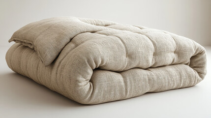 Poster - neatly folded, textured beige comforter made from organic cotton rests on smooth surface, showcasing its soft, inviting appearance. fabric natural weave adds touch of elegance