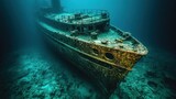 Rusty ship wreck, submerged in deep ocean waters.  Coral reef bottom visible