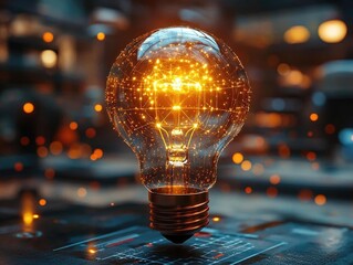 glowing light bulb filled with digital sparks illuminating a modern workspace with blurred tools