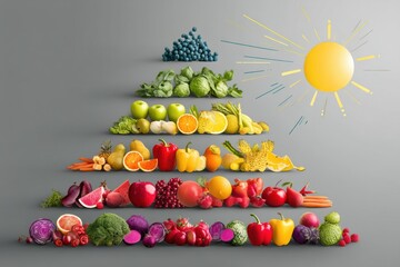 Poster - Nutrition Pyramid Created From Vibrant Fresh Produce With a Bright Sun Icon Shining Above in a Minimalist Kitchen Setting