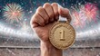© Andrii  - Athlete Proudly Displaying Gold Medal at Stadium Celebration