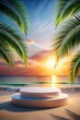 © FromWithLove - 3d podium with copy space for product display presentation on palm beach and sunset sky abstract background. Tropical summer and vacation concept.
