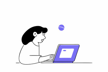 Wall Mural - Woman working on laptop computer in minimalist line art illustration