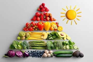 Poster - Nutrition Pyramid Crafted From Vibrant Fresh Foods With a Bright Sun Icon Representing a Healthy Lifestyle and Balanced Diet