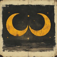 Wall Mural - Two golden crescent moons are suspended in a starry night sky