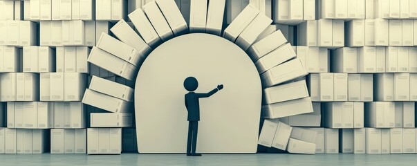 Wall Mural - import tariffs policy impact concept. a figure stands before a wall of boxes, creating an archway ef