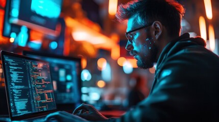 Man Coding on Laptop in Dark Room