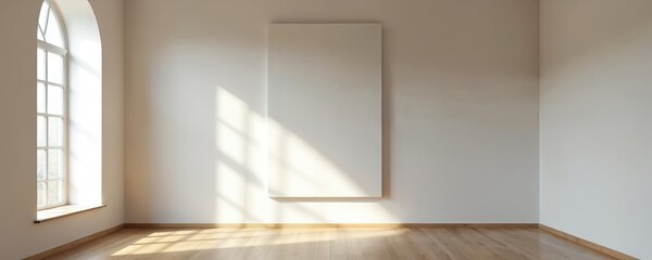 Aufkleber - Empty art gallery with white walls, arched window, wooden floor. Minimalist, modern interior design, blank canvas space for presentation. Natural light creates shadow. Perfect for art exhibition,