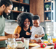 © Lumos sp - child family kitchen food boy son mother father breakfast preparing egg morning healthy diet eating home black african american father cooking, parent, cute, meal