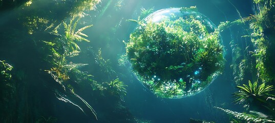 Wall Mural - a futuristic biosphere floating in space, covered in glowing holographic vegetation