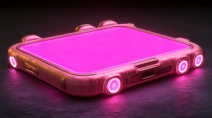 Wall Mural - Illuminated pink and gold futuristic mobile device on dark surface