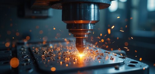 Leinwandbilder - CNC milling process. Steel turbine part manufacture in industrial factory with metal machine tools. Precision metalwork, drilling, turning, grinding operations with coolant. Cutting process with