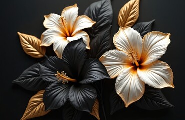 Poster - Luxurious floral backdrop featuring dramatic black and gold hibiscus flowers. Sophisticated still life studio shot. Elegant beauty and high-end design for fashion, graphic design.
