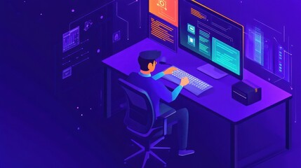 Man at Computer with Graphs and Data on Screen