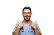 © Talha - Smiling doctor points to his smile wearing glasses and blue scrubs - png, isolated on transparent background