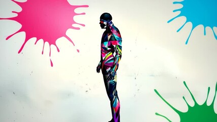 Wall Mural - vibrant abstract art with man in front of colorful paint splashes creating a dynamic and eye-catchin