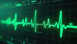 © miss irine - Close-up of digital heart rate monitor displaying vibrant green heartbeat waveform against dark background. Illustrates medical tech cardiogram, cardiology, health. Pulse graph monitoring patient