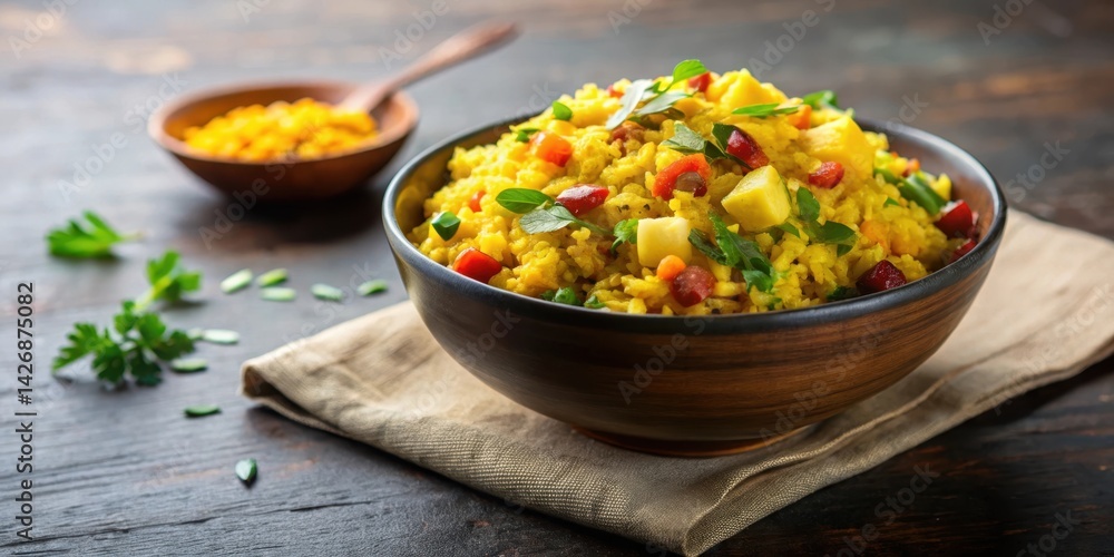 Part Rice Poha Colorful poha with kanda batata mixture, served in a small bowl , poha ...