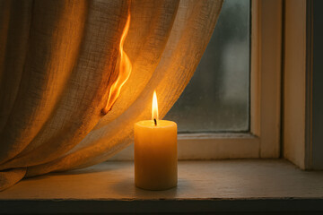 Wall Mural - Burning Curtain and Lit Candle on Windowsill