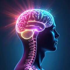 Aufkleber - Digital illustration of brain with light effects. Glowing brain with light, energy, plasma, electricity, power, design, human head and space background. Medical, science, tech, AI concepts.