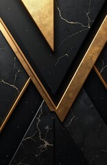 Poster - Black, gold abstract illustration features geometric shapes, triangles, lines. Luxurious design with marble texture, gold accents. Modern minimalist style background for presentations, covers,