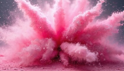 Poster - Explosive burst pink powder cloud studio art. Abstract motion concept visual. Dynamic splash design for advertising. Colorful dust explosion background. Smoke bomb. Party, celebration, Holi festival.