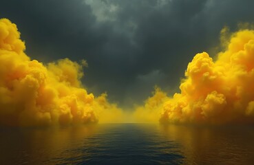 Poster - Dramatic background with yellow neon smoke spreading, reflecting in water surface. Dark cloudy sky creates moody ambiance. Neon colors reflecting in tranquil water. Atmospheric scenic landscape.