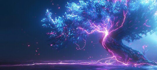 Wall Mural - a futuristic storm where glowing holographic lightning cracks the sky into neon fractals