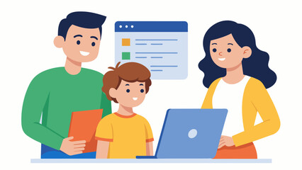 Proud parents looking on as their child confidently presents a website they created during the advanced coding workshop.. Vector illustration