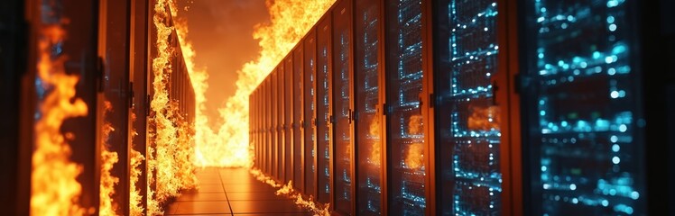 Fototapete - Data center on fire. Blaze engulfs server racks, highlighting digital security threat. Disaster scenario emphasizes cyber attacks, data breach risks. Firewall, protection, crisis management concepts.