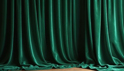 Poster - Illustration shows luxurious emerald green velvet curtain with draped design. Elegant, opulent, theatrical fabric. Interior decor concept, home design, stage studio background. Textures, folds, light