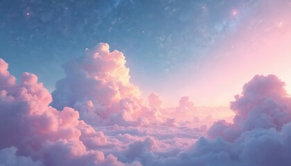 Wall Mural - dreamy sky with pastel pink clouds, blue sky, twinkling stars. soft light, fluffy cumulus clouds cre