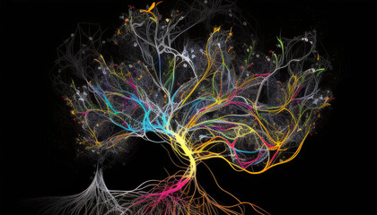 Leinwandbilder - Colorful abstract representation of a tree showcasing vibrant branches and roots in a dark background